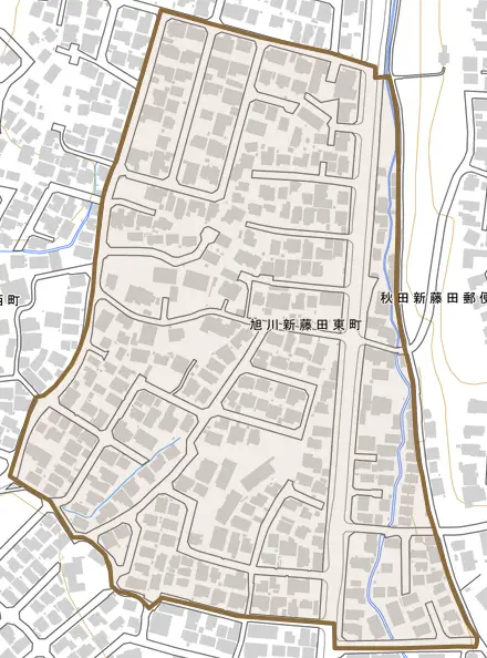 旭川新藤田東町とその周辺の地図。町の範囲を重ねている