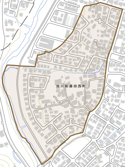 旭川新藤田西町とその周辺の地図。町の範囲を重ねている