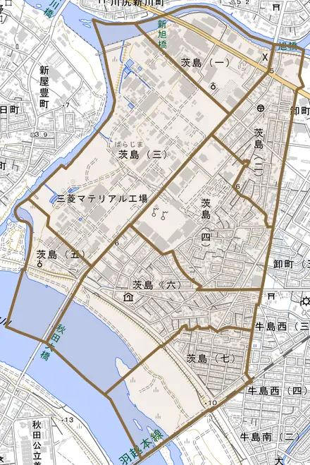茨島とその周辺の地図。町の範囲を重ねている