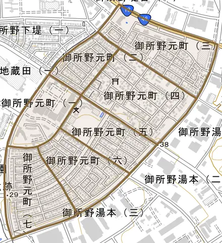 御所野元町とその周辺の地図。町の範囲を重ねている