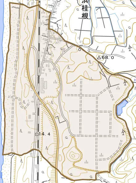 浜田とその周辺の地図。町の範囲を重ねている