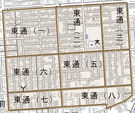 東通とその周辺の地図。町の範囲を重ねている
