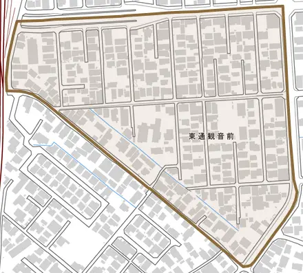 東通観音前とその周辺の地図。町の範囲を重ねている