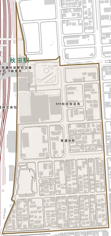 東通仲町とその周辺の地図。町の範囲を重ねている