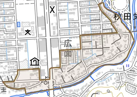 広面とその周辺の地図。町の範囲を重ねている