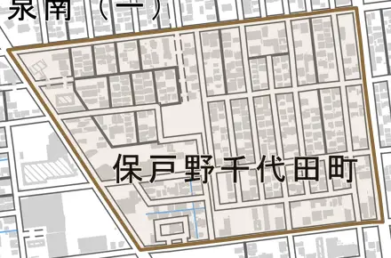 保戸野千代田町とその周辺の地図。町の範囲を重ねている