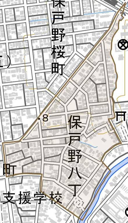 保戸野八丁とその周辺の地図。町の範囲を重ねている
