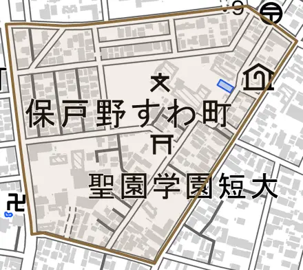 保戸野すわ町とその周辺の地図。町の範囲を重ねている