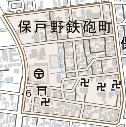 保戸野鉄砲町とその周辺の地図。町の範囲を重ねている