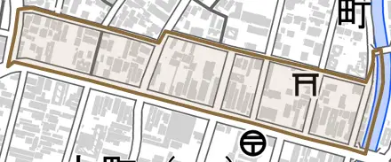 保戸野通町とその周辺の地図。町の範囲を重ねている