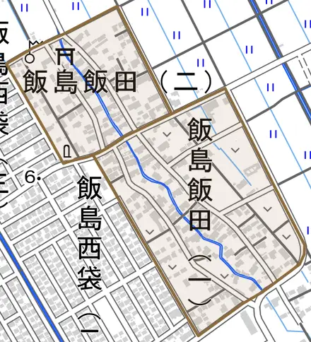 飯島飯田とその周辺の地図。町の範囲を重ねている