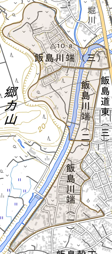 飯島川端とその周辺の地図。町の範囲を重ねている