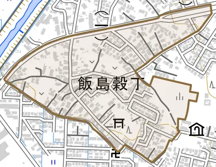 飯島穀丁とその周辺の地図。町の範囲を重ねている