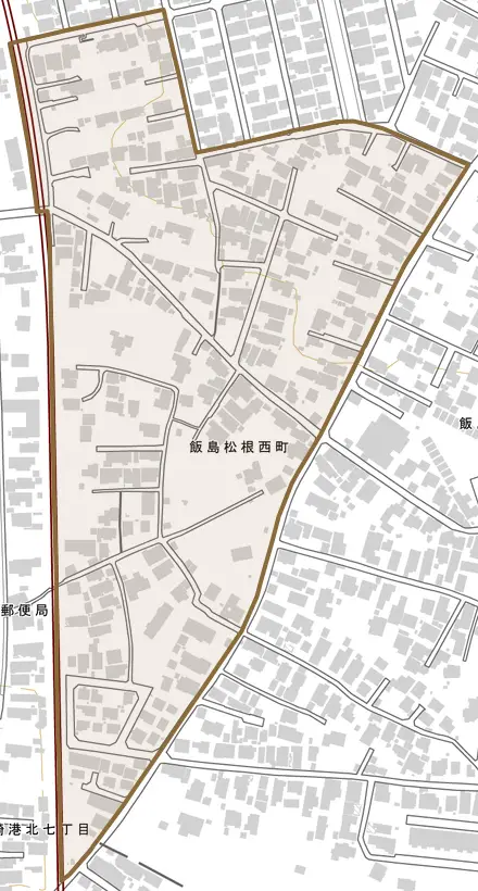 飯島松根西町とその周辺の地図。町の範囲を重ねている
