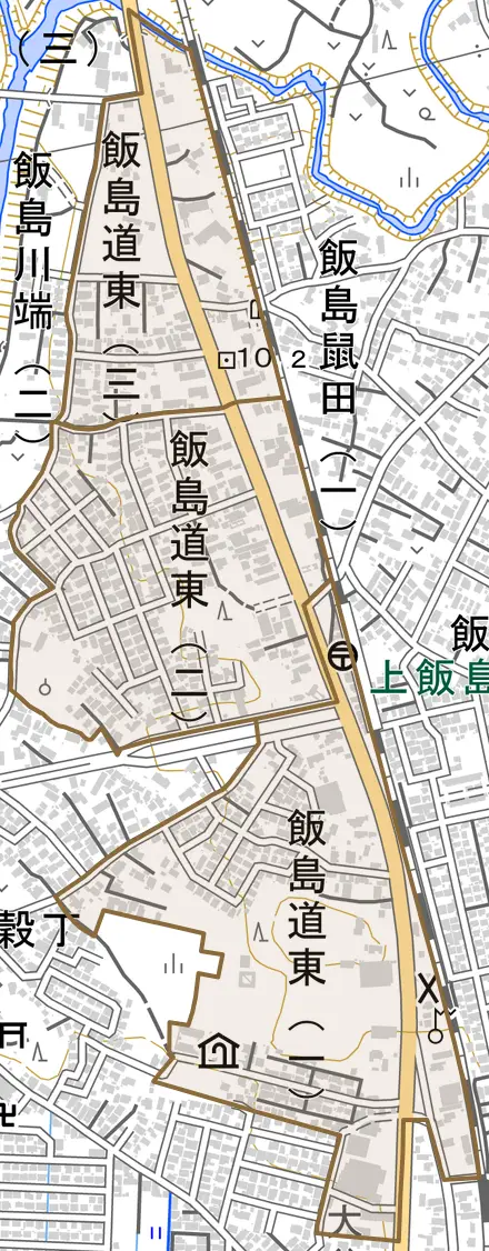 飯島道東とその周辺の地図。町の範囲を重ねている