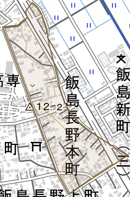 飯島長野本町とその周辺の地図。町の範囲を重ねている
