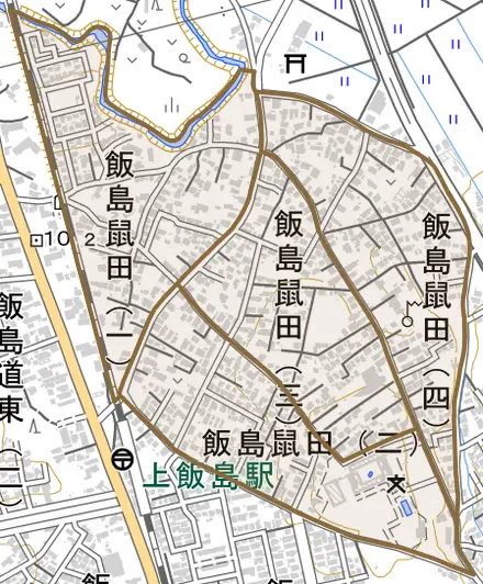 飯島鼠田とその周辺の地図。町の範囲を重ねている