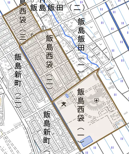 飯島西袋とその周辺の地図。町の範囲を重ねている
