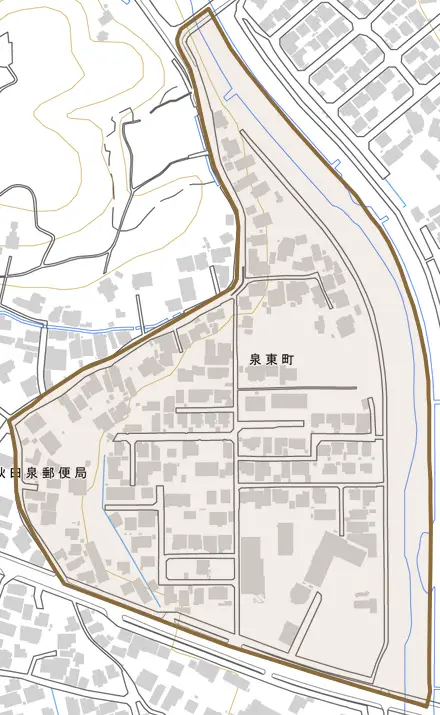 泉東町とその周辺の地図。町の範囲を重ねている