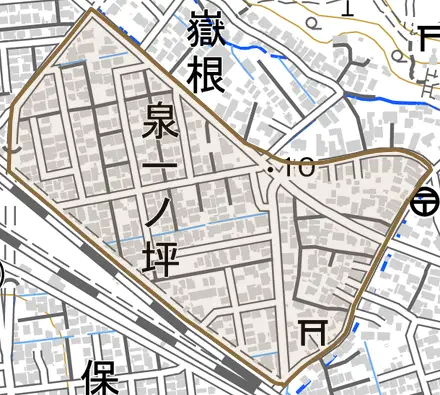 泉一ノ坪とその周辺の地図。町の範囲を重ねている