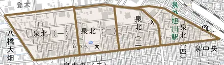 泉北とその周辺の地図。町の範囲を重ねている