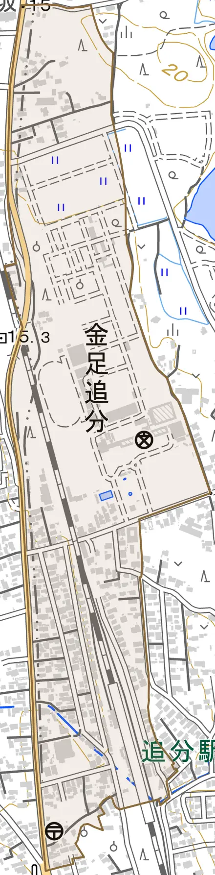金足追分とその周辺の地図。町の範囲を重ねている