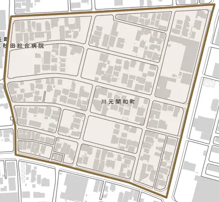 川元開和町とその周辺の地図。町の範囲を重ねている