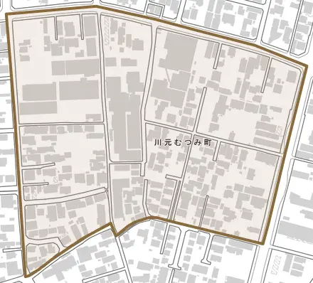 川元むつみ町とその周辺の地図。町の範囲を重ねている