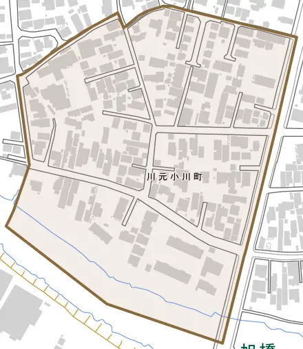 川元小川町とその周辺の地図。町の範囲を重ねている