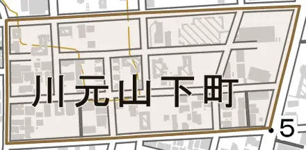 川元山下町とその周辺の地図。町の範囲を重ねている