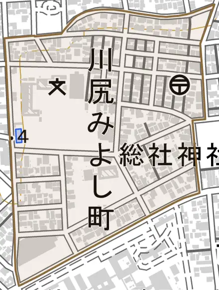 川尻みよし町とその周辺の地図。町の範囲を重ねている