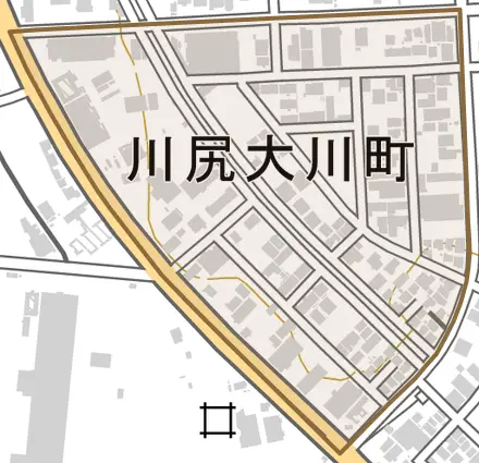 川尻大川町とその周辺の地図。町の範囲を重ねている