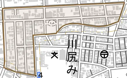 川尻御休町とその周辺の地図。町の範囲を重ねている