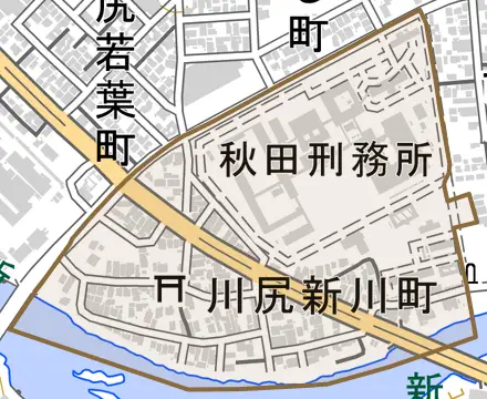 川尻新川町とその周辺の地図。町の範囲を重ねている