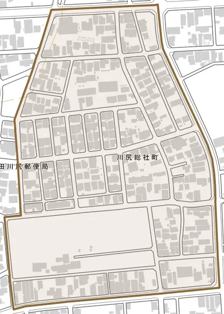 川尻総社町とその周辺の地図。町の範囲を重ねている