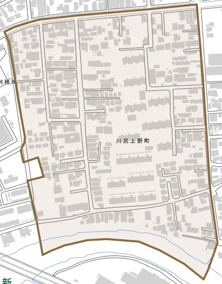 川尻上野町とその周辺の地図。町の範囲を重ねている