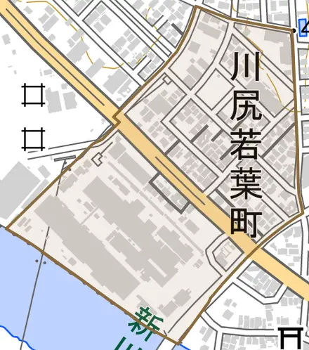 川尻若葉町とその周辺の地図。町の範囲を重ねている