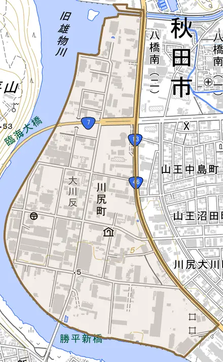川尻町とその周辺の地図。町の範囲を重ねている