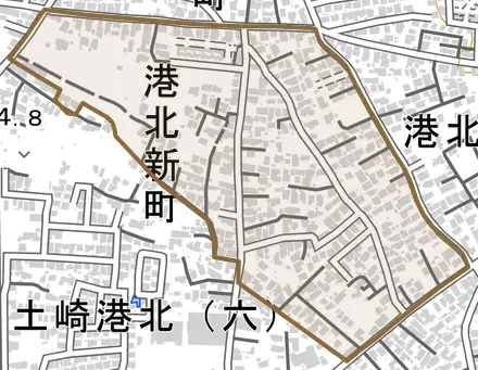 港北新町とその周辺の地図。町の範囲を重ねている