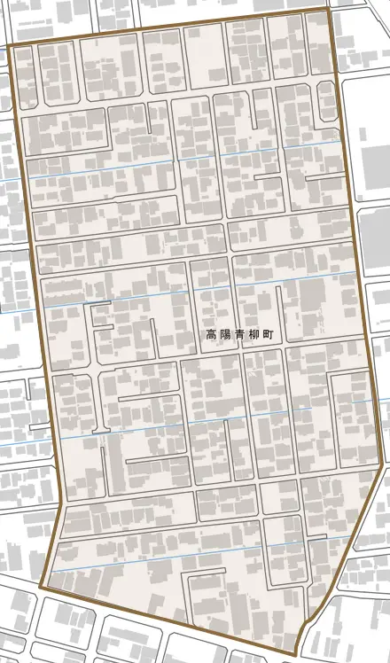 高陽青柳町とその周辺の地図。町の範囲を重ねている