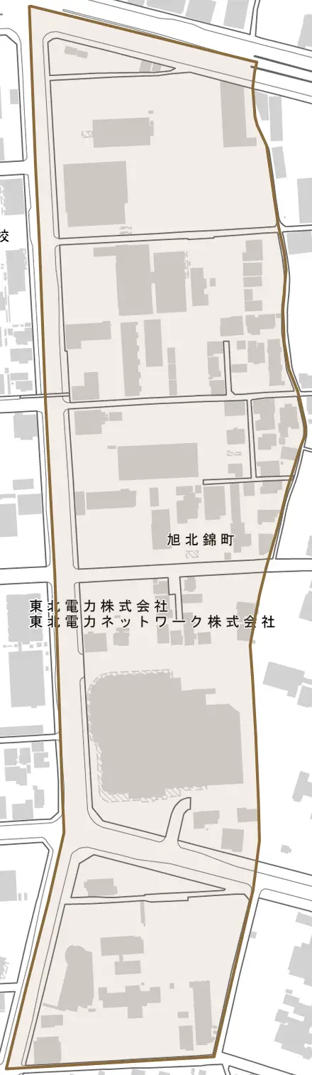 旭北錦町とその周辺の地図。町の範囲を重ねている
