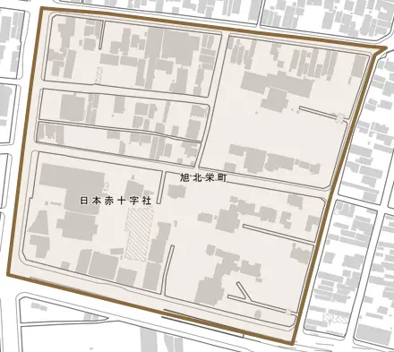 旭北栄町とその周辺の地図。町の範囲を重ねている