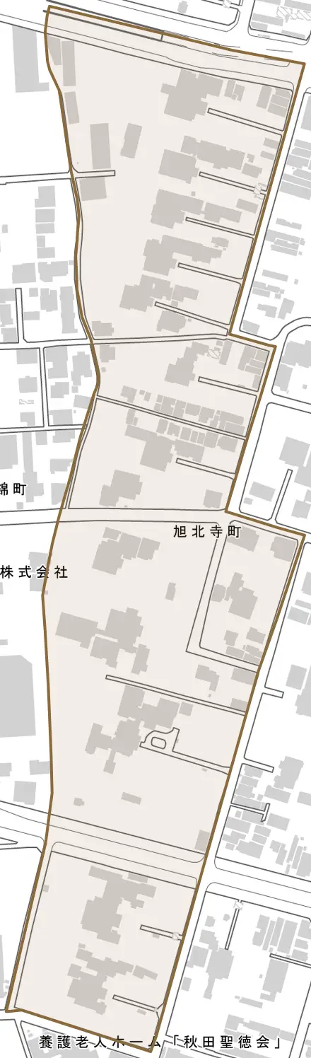 旭北寺町とその周辺の地図。町の範囲を重ねている