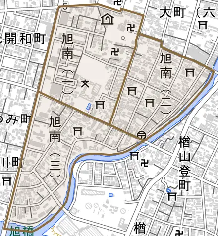 旭南とその周辺の地図。町の範囲を重ねている