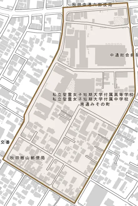 南通みその町とその周辺の地図。町の範囲を重ねている