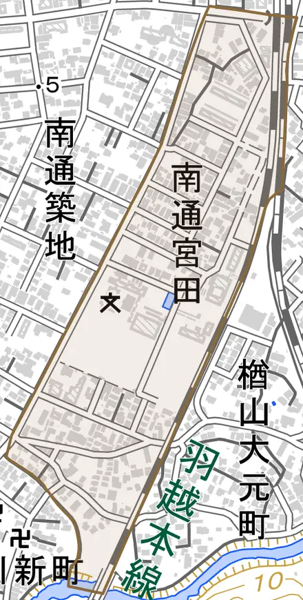 南通宮田とその周辺の地図。町の範囲を重ねている