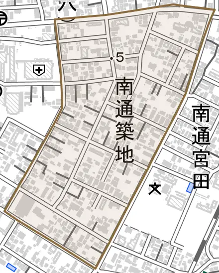 南通築地とその周辺の地図。町の範囲を重ねている