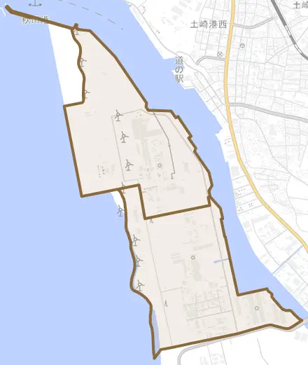 向浜とその周辺の地図。町の範囲を重ねている