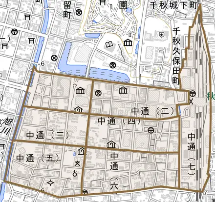 中通とその周辺の地図。町の範囲を重ねている