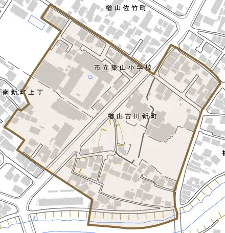 楢山古川新町とその周辺の地図。町の範囲を重ねている